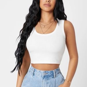 Ribbed knit minimalist round neck tank crop top white